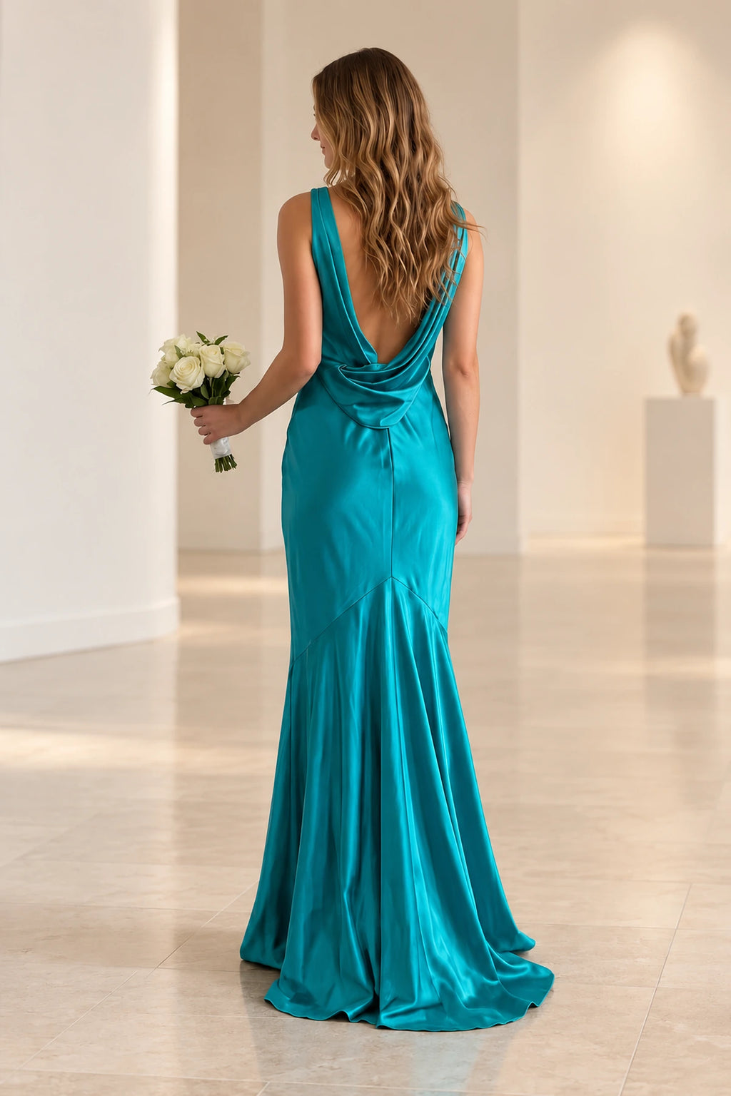 Back view of teal satin bridesmaid dress featuring deep V cowl back, soft draped satin, fitted waist and elegant floor length mermaid skirt
