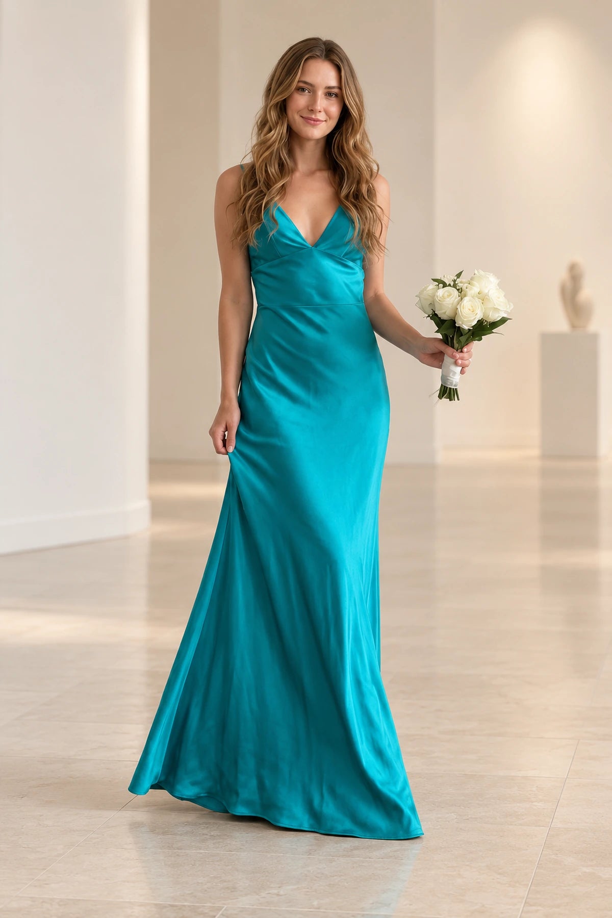 Elegant Satin Mermaid V Neck Sleeveless Cowl Back Floor Length Bridesmaid Dress