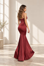 Glamorous Satin Mermaid V Neck Spaghetti Strap Low Back Floor Length Prom Dress
