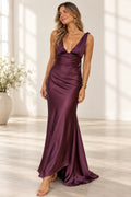 Elegant Satin Mermaid V Neck Sleeveless Low Back Floor Length Prom Dress