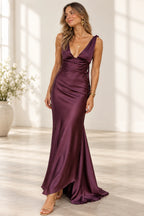 Elegant Satin Mermaid V Neck Sleeveless Low Back Floor Length Prom Dress