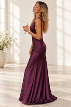 Elegant Satin Mermaid V Neck Sleeveless Low Back Floor Length Prom Dress