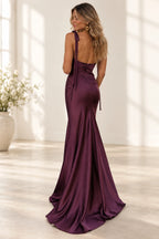 Elegant Satin Mermaid V Neck Sleeveless Low Back Floor Length Prom Dress