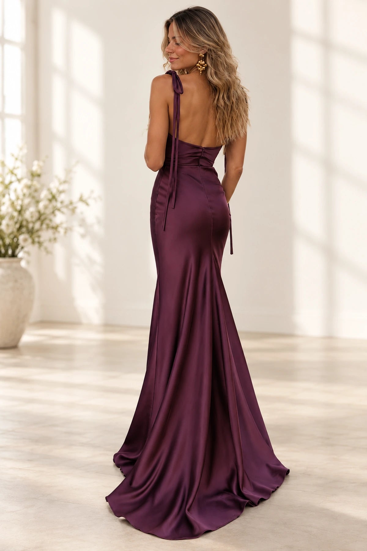 Elegant Satin Mermaid V Neck Sleeveless Low Back Floor Length Prom Dress