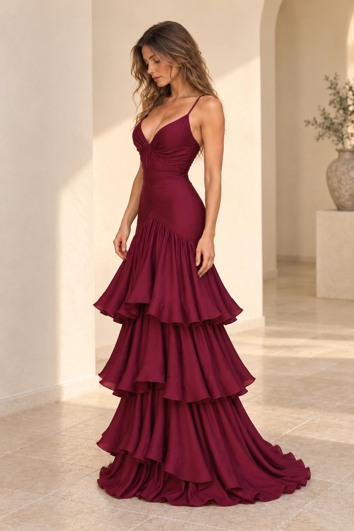 Romantic Satin Mermaid V Neck Spaghetti Strap Low Back Floor Length Prom Dress