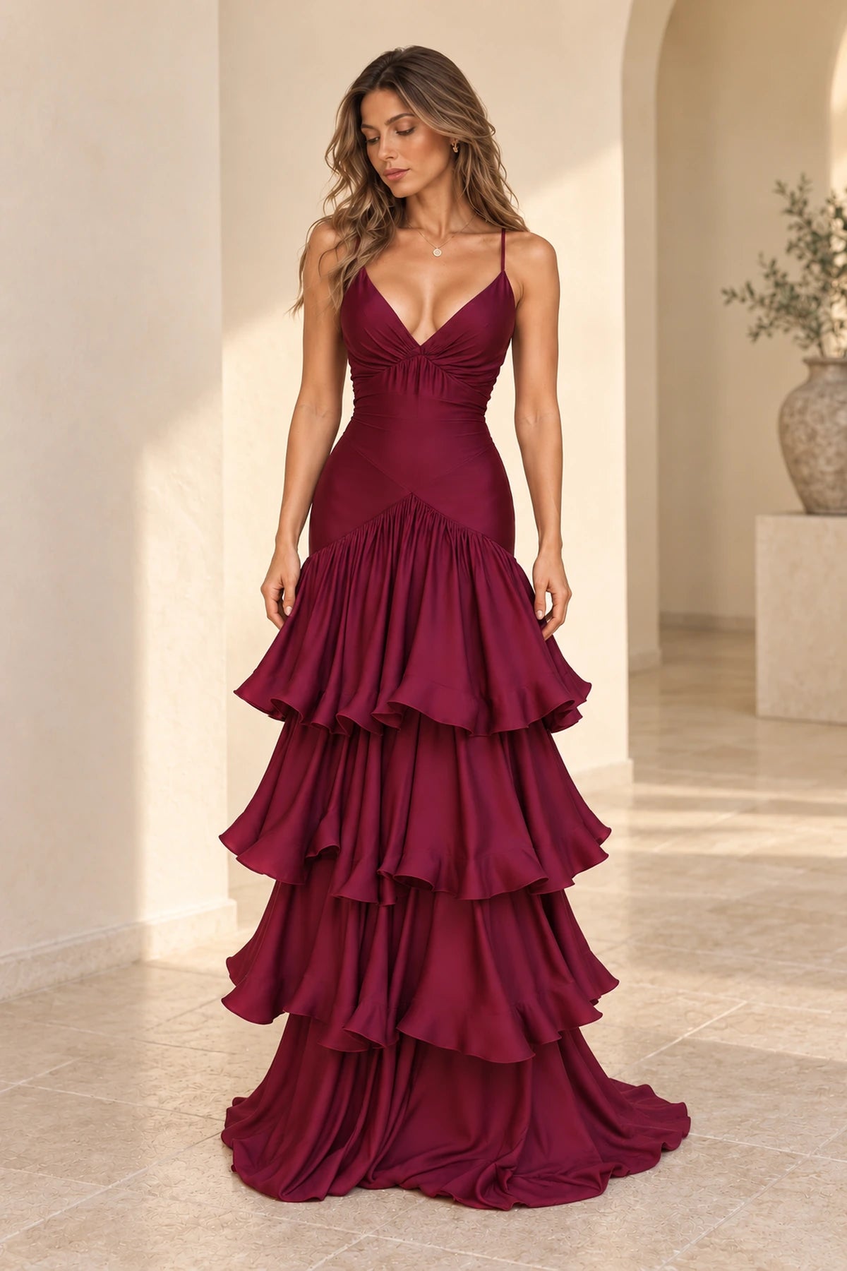 Romantic Satin Mermaid V Neck Spaghetti Strap Low Back Floor Length Prom Dress