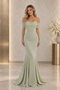 Front view of a sage green Graceprom satin mermaid evening dress with a draped off-shoulder neckline, pearl-like accents and sheer long sleeves.