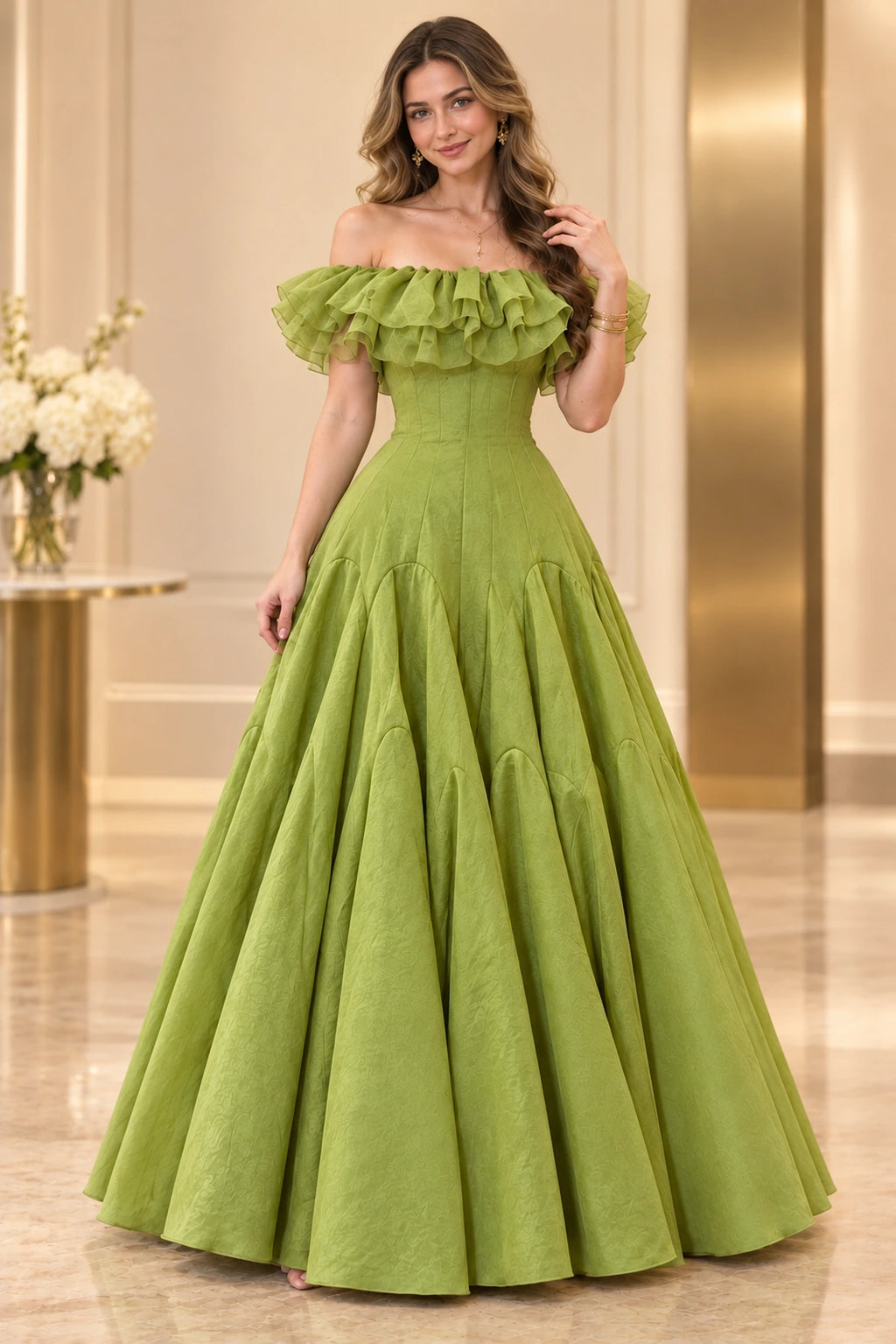 Sage green satin A-line prom dress featuring a layered off-the-shoulder ruffle neckline, structured corset-inspired bodice, and flowing floor-length skirt.