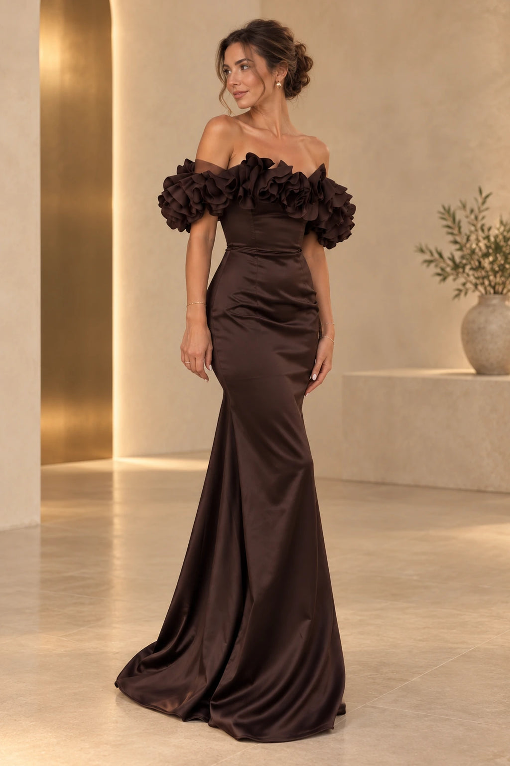 Elegant Satin Mermaid Off Shoulder Ruffle Sleeve Lace Up Back Floor Length Evening Dress