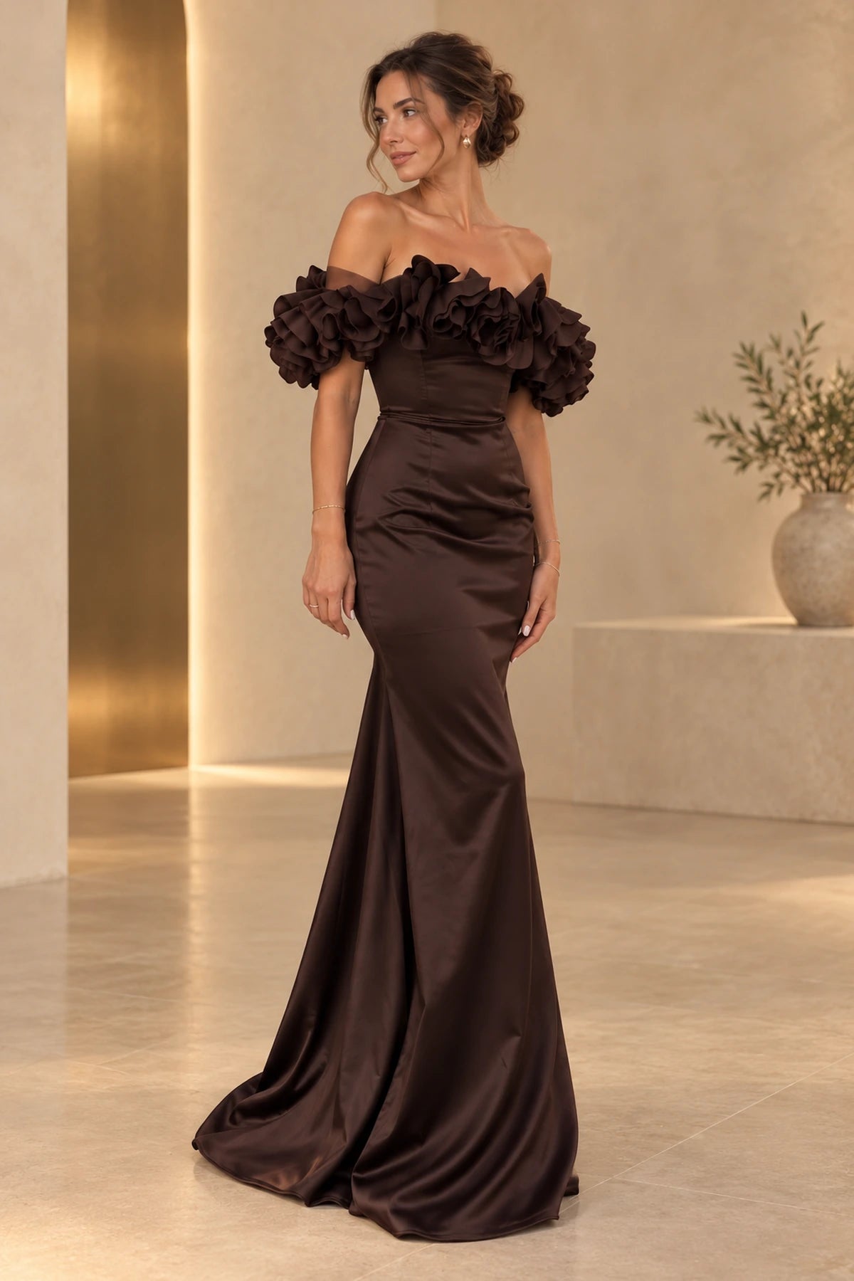Elegant Satin Mermaid Off Shoulder Ruffle Sleeve Lace Up Back Floor Length Evening Dress