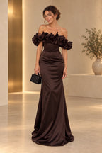 Elegant Satin Mermaid Off Shoulder Ruffle Sleeve Lace Up Back Floor Length Evening Dress