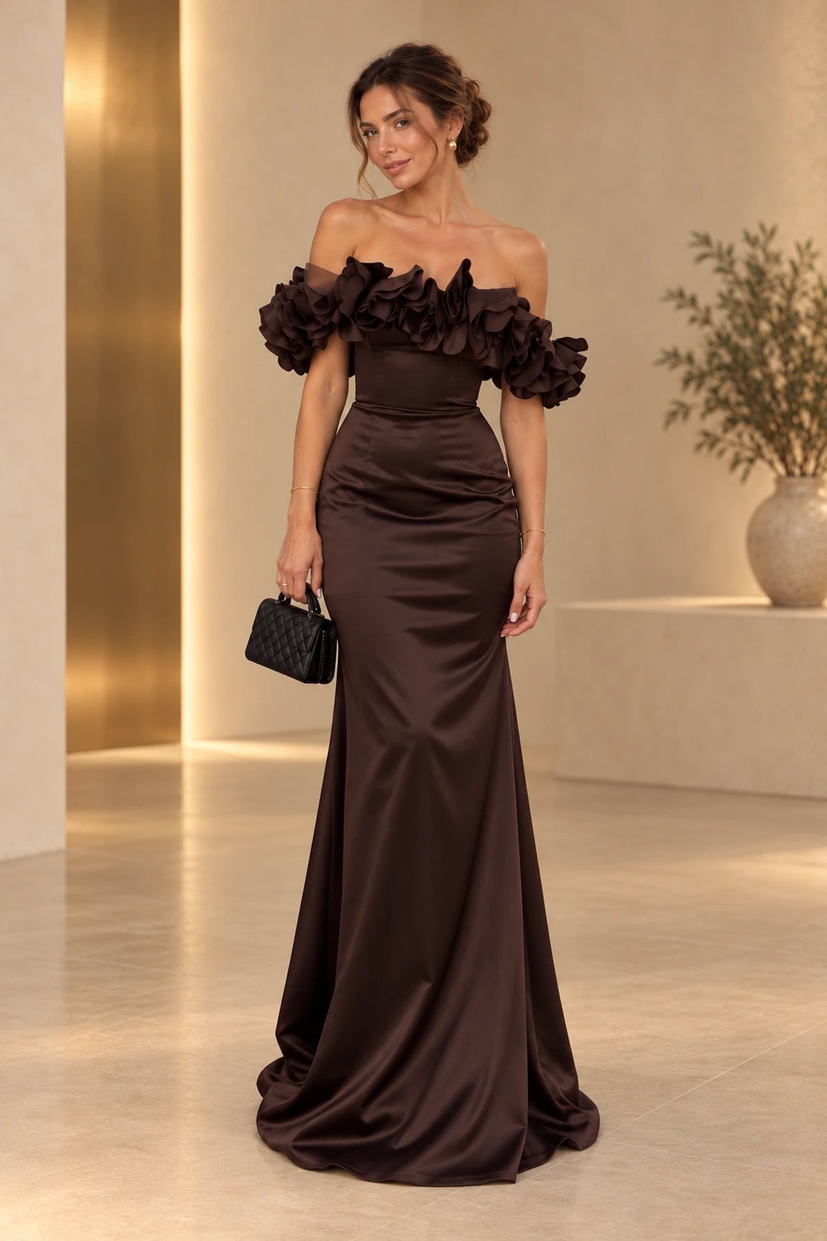Elegant Satin Mermaid Off Shoulder Ruffle Sleeve Lace Up Back Floor Length Evening Dress