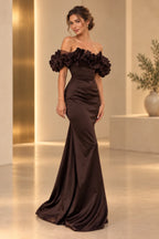 Elegant Satin Mermaid Off Shoulder Ruffle Sleeve Lace Up Back Floor Length Evening Dress