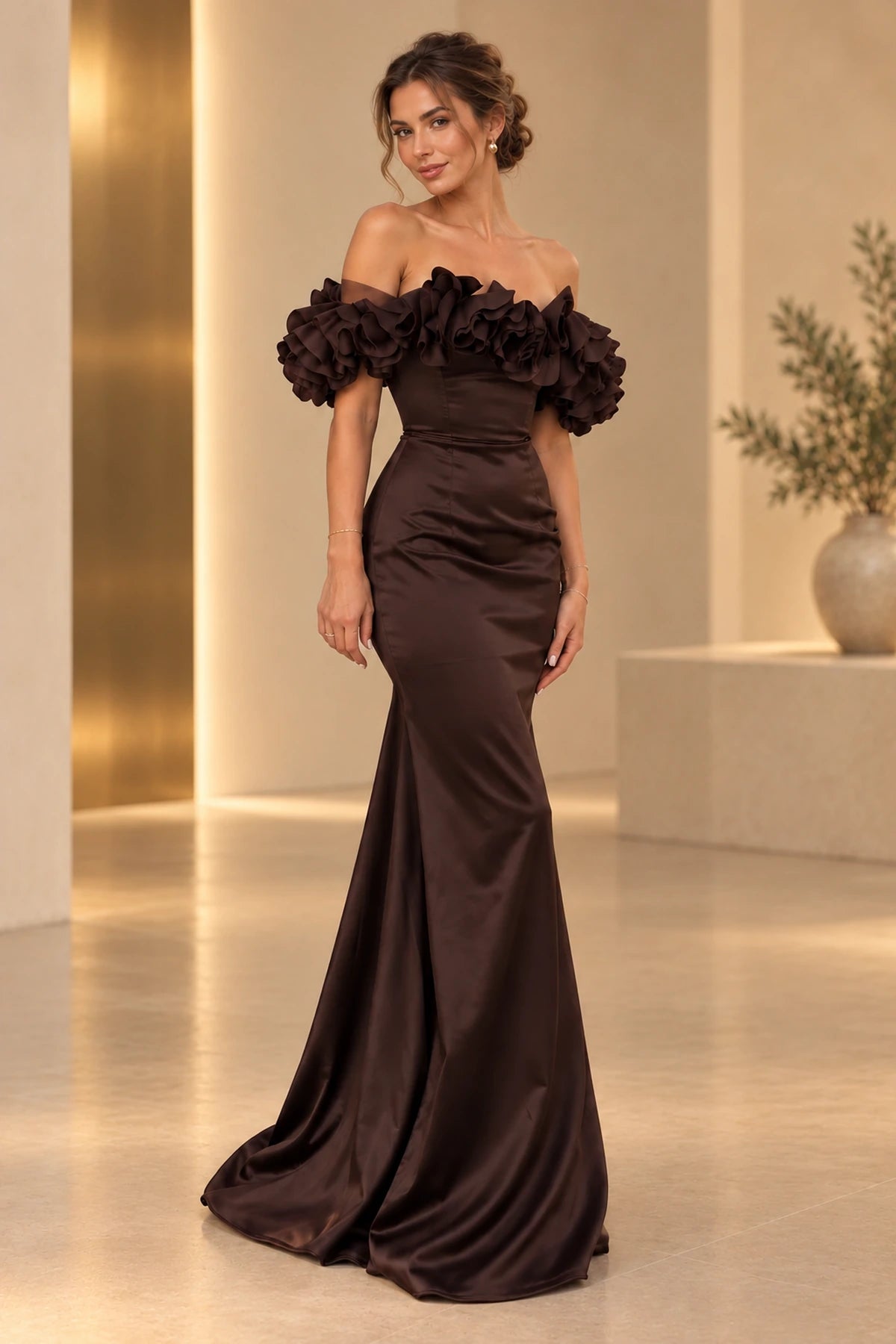 Elegant Satin Mermaid Off Shoulder Ruffle Sleeve Lace Up Back Floor Length Evening Dress
