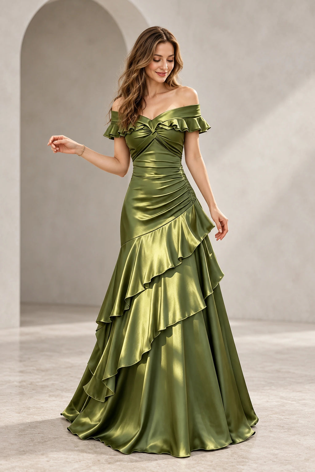 Romantic Satin Mermaid Sweetheart Ruffle-Sleeve Low-Back Floor-Length Wedding Guest Dress