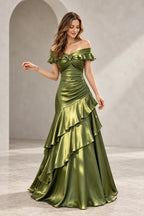 Romantic Satin Mermaid Sweetheart Ruffle-Sleeve Low-Back Floor-Length Wedding Guest Dress
