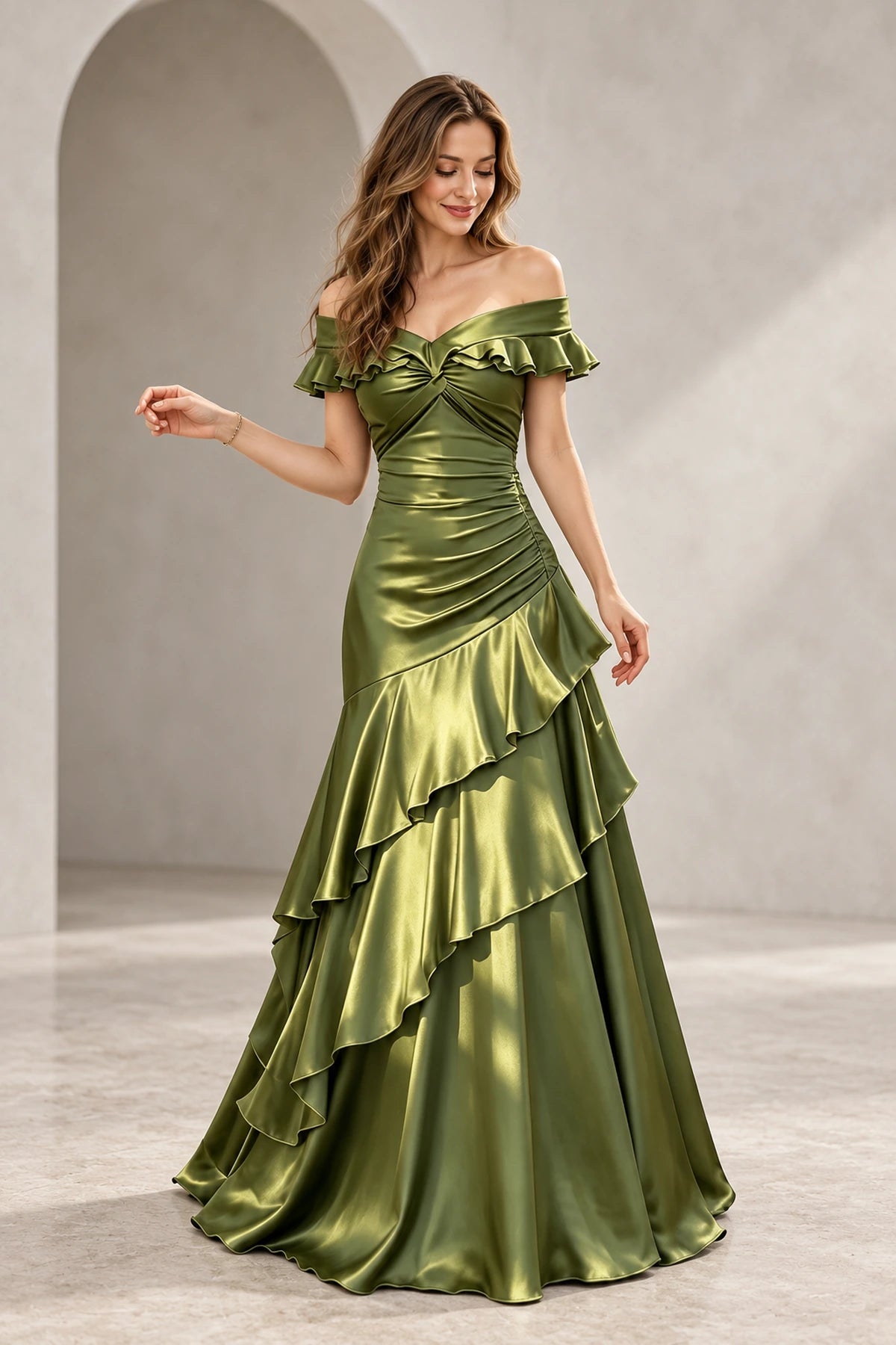 Romantic Satin Mermaid Sweetheart Ruffle-Sleeve Low-Back Floor-Length Wedding Guest Dress