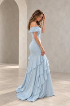 Romantic Satin Mermaid Sweetheart Ruffle-Sleeve Low-Back Floor-Length Wedding Guest Dress