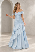 Front view of a light blue Graceprom satin wedding guest dress with an off-shoulder sweetheart neckline, ruched waist and cascading ruffle skirt.