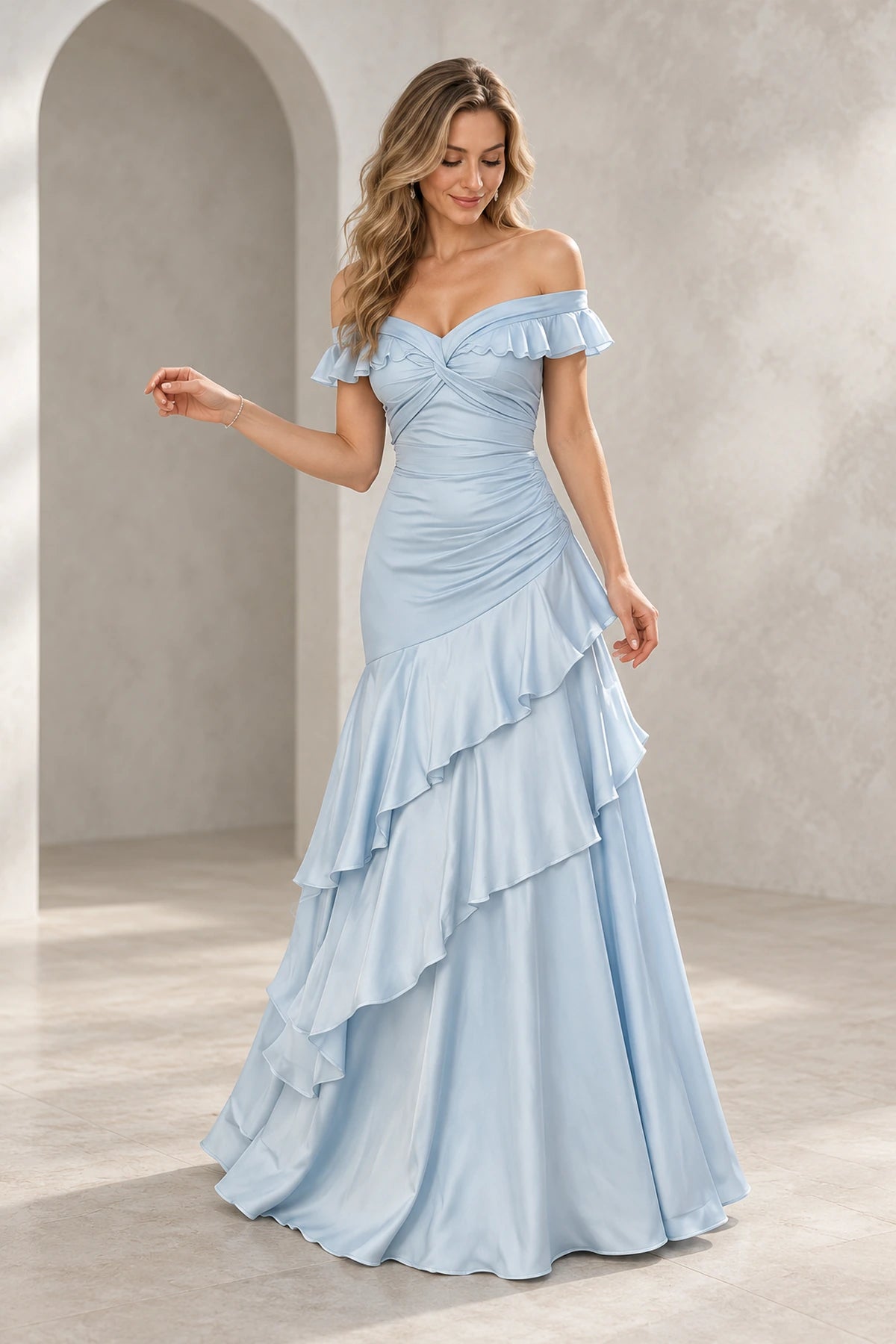 Front view of a light blue Graceprom satin wedding guest dress with an off-shoulder sweetheart neckline, ruched waist and cascading ruffle skirt.