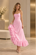 Front view of a pink Graceprom satin wedding guest dress with a scoop neckline, thin straps, fitted bodice and statement bubble ruffle hem.