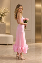 Romantic Satin A-Line Scoop-Neck Sleeveless Low-Back Ankle-Length Wedding Guest Dress
