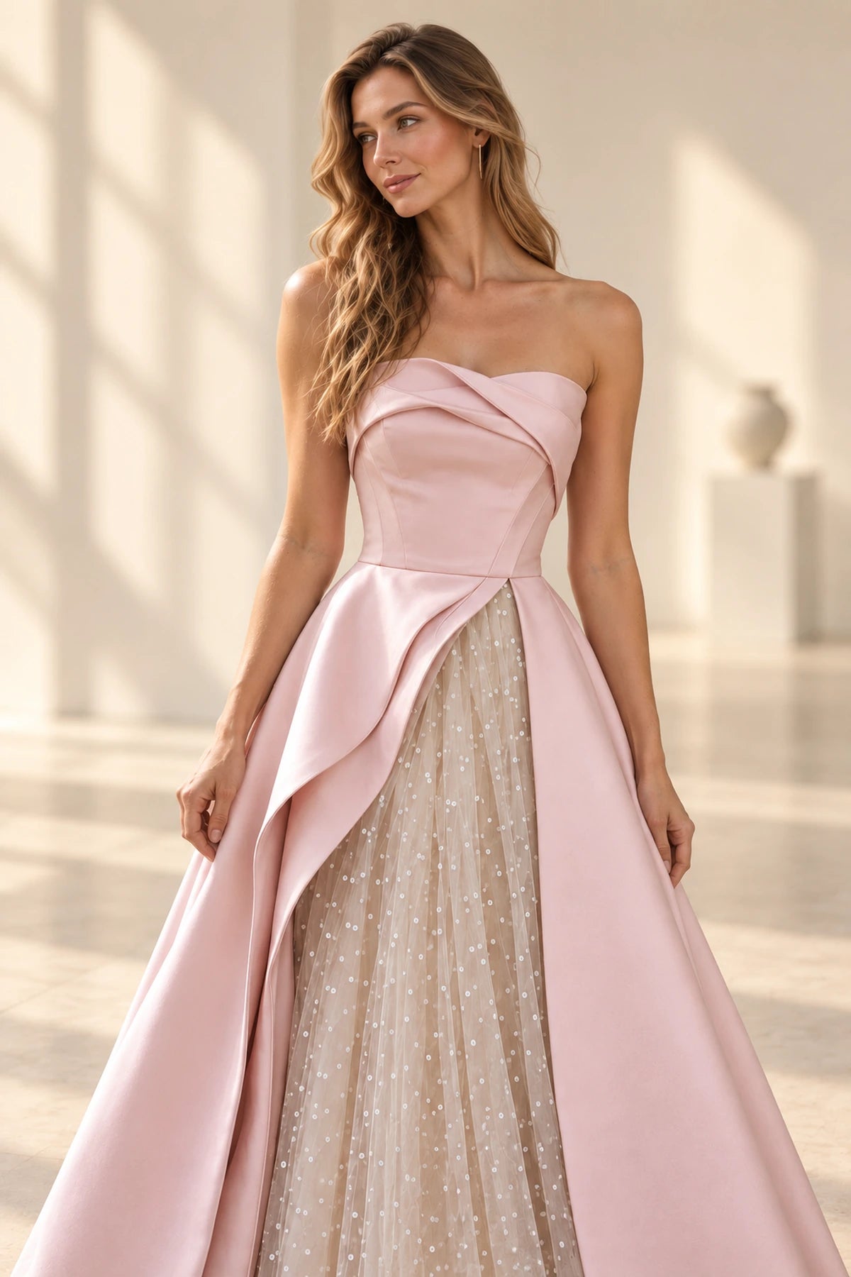 Blush pink satin and sequin tulle A-line prom dress with strapless sweetheart neckline, draped bodice, asymmetrical sparkling skirt and floor-length hem by Graceprom