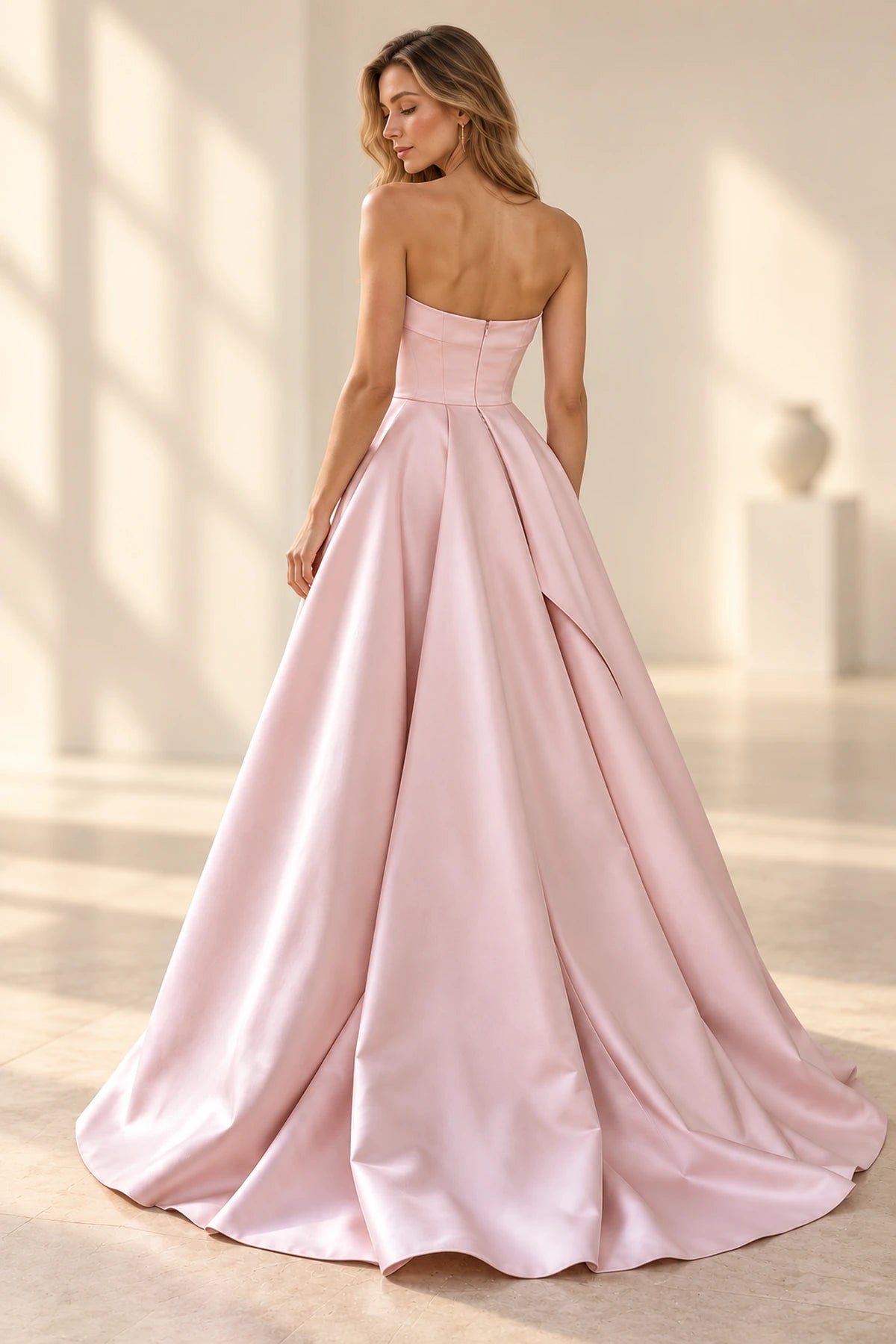 Back view of blush pink satin A-line prom dress featuring straight strapless back, center zipper, fitted waist and full pleated floor-length skirt