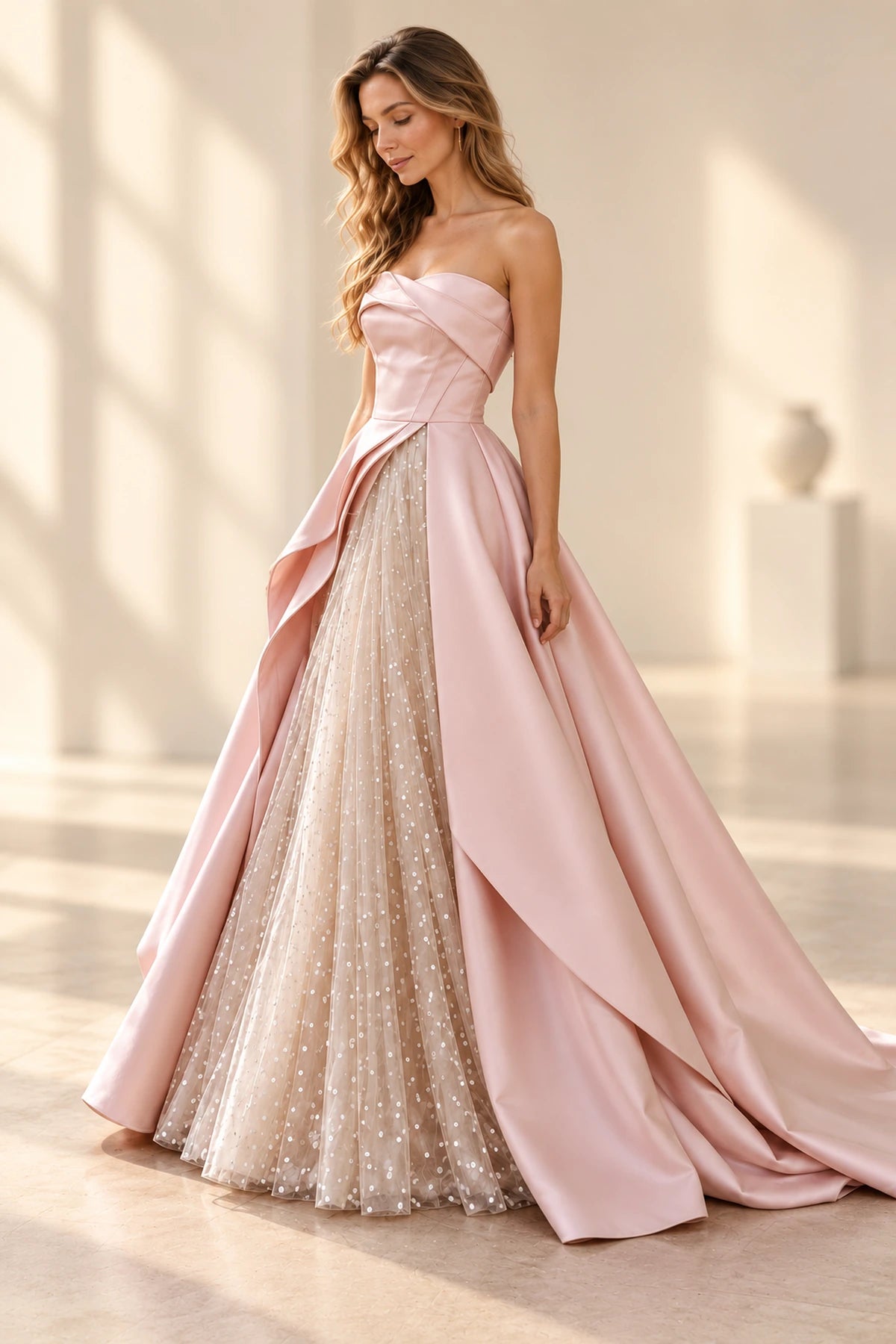 Elegant Satin Sequin Tulle A-Line Sweetheart Sleeveless Zipper Back Floor Length Prom Dress