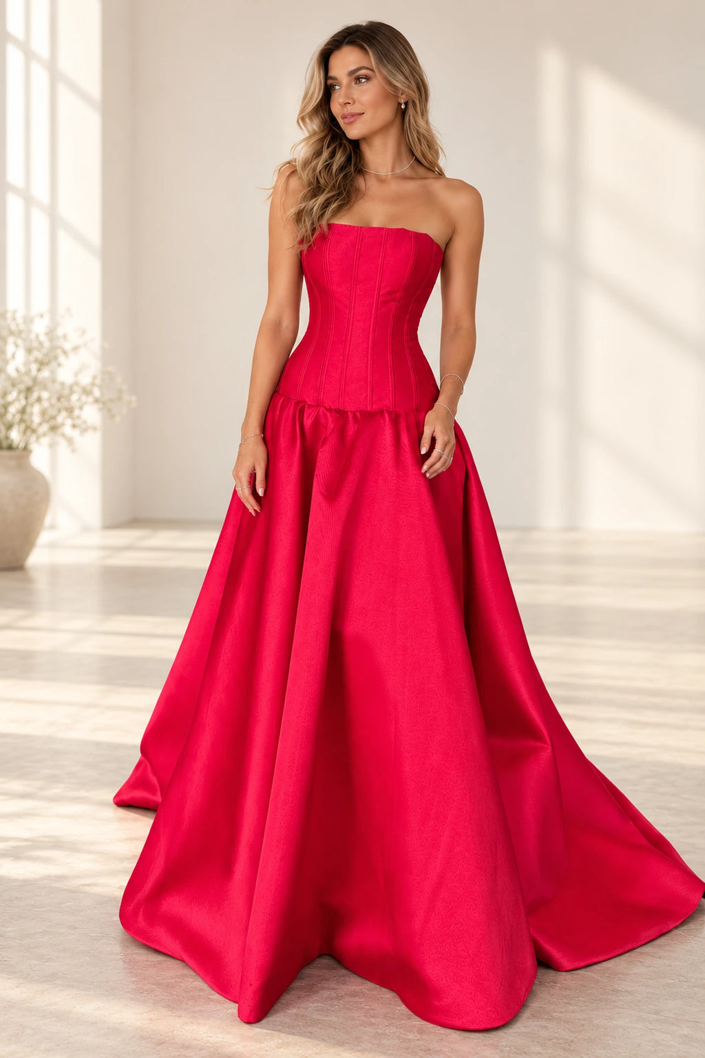 Red satin A-line prom dress with straight strapless neckline, structured corset-inspired bodice, fitted drop waist and voluminous floor-length skirt by Graceprom