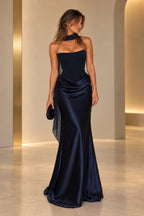 Elegant Satin Mermaid Strapless Straight Neck Scarf Back Floor Length Evening Dress