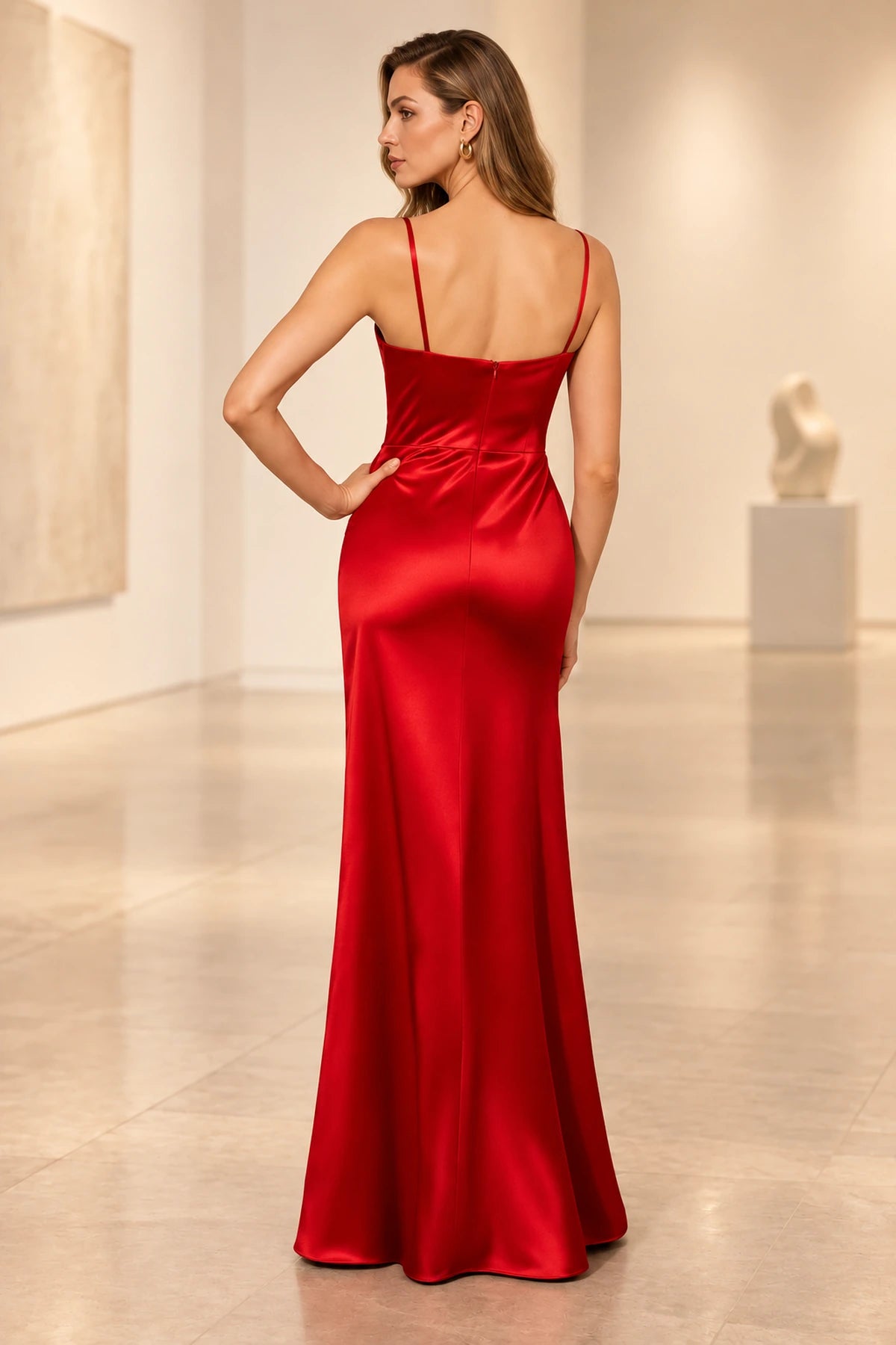 Back view of Graceprom red satin prom dress with slim shoulder straps, a straight neckline, center-back zipper and floor-length skirt.