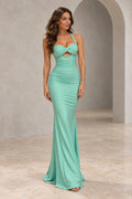 Front view of a mint green Graceprom satin evening dress with a twisted sweetheart bodice, halter straps, under-bust cutout and ruched mermaid skirt.