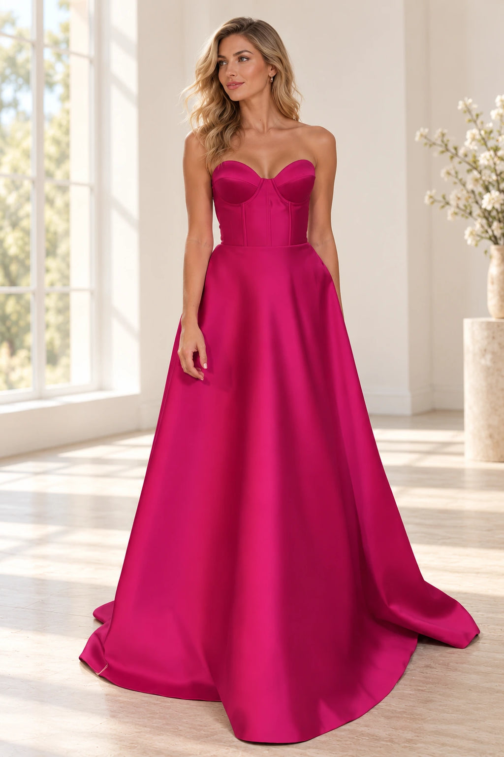 Hot pink satin A-line prom dress with strapless sweetheart neckline, structured corset bodice, fitted waist and flowing floor length skirt by Graceprom