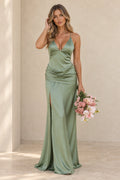 Front view of a sage green Graceprom satin bridesmaid dress with a deep V-neck, thin straps, draped hips and a front skirt slit.