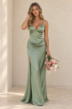 Front view of a sage green Graceprom satin bridesmaid dress with a deep V-neck, thin straps, draped hips and a front skirt slit.