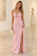 Front view of a pink Graceprom satin prom dress with spaghetti straps, a gathered V-neck ring detail, front cutouts and a high leg slit.
