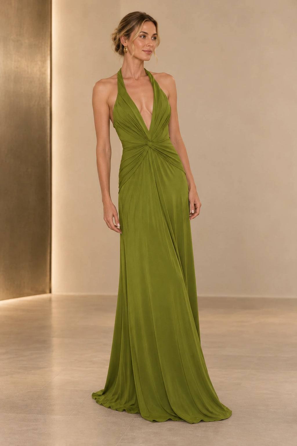 Front view of an olive green Graceprom satin prom dress with a plunging V-neck, wide gathered straps, twisted waist and floor-length skirt.
