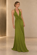 Front view of an olive green Graceprom satin prom dress with a plunging V-neck, wide gathered straps, twisted waist and floor-length skirt.