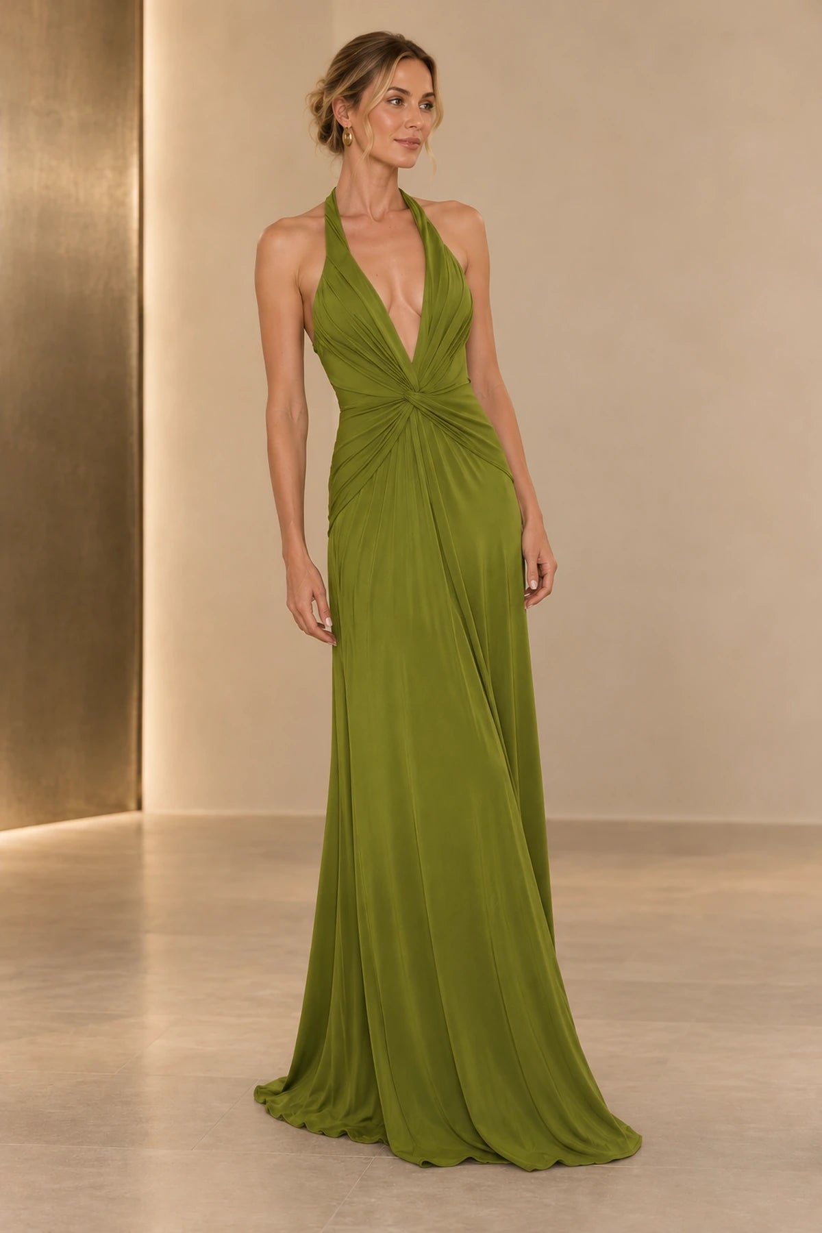 Front view of an olive green Graceprom satin prom dress with a plunging V-neck, wide gathered straps, twisted waist and floor-length skirt.