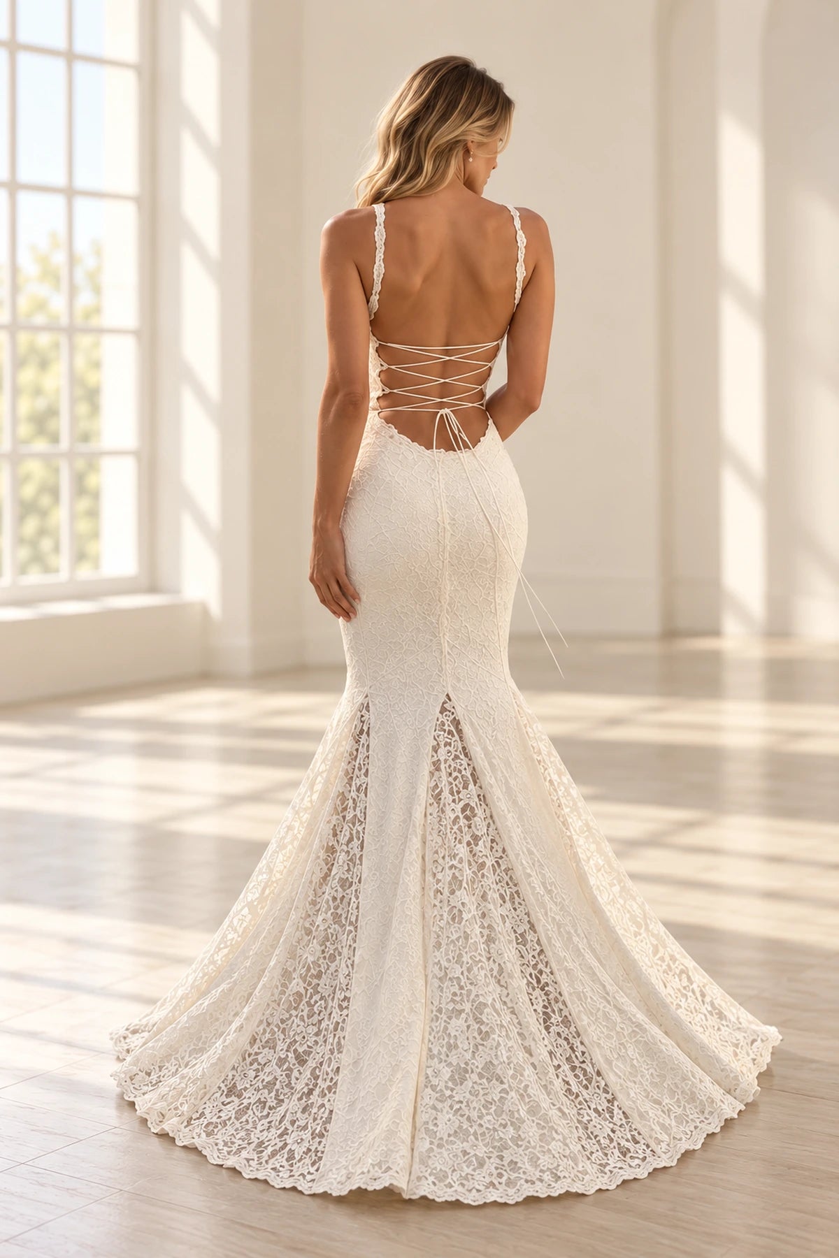 Back view of an ivory Graceprom lace mermaid wedding dress with an open lace-up back, scalloped lace edges and a sweeping train.