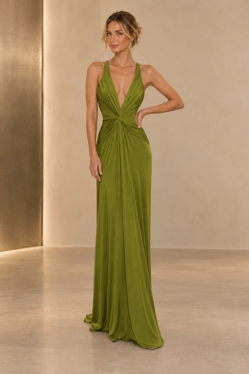 Elegant Satin Sheath V-Neck Sleeveless V-Back Floor-Length Prom Dress