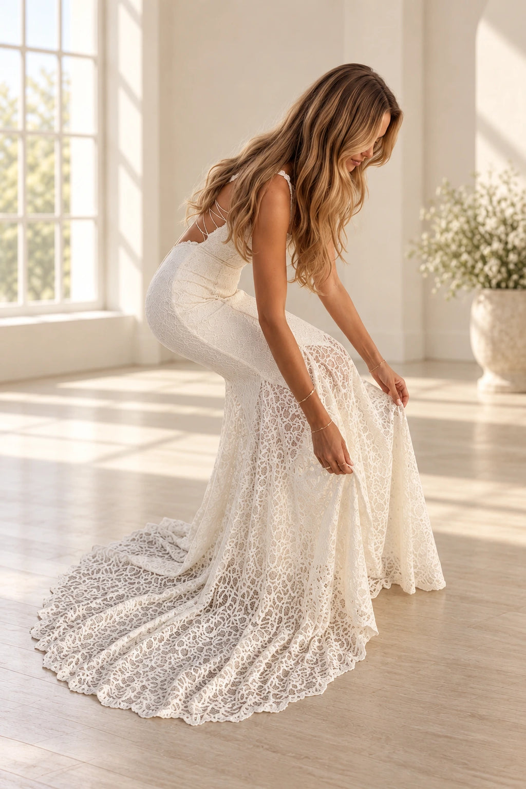 Romantic Lace Mermaid Sweetheart Sleeveless Lace-Up Floor-Length Wedding Dress