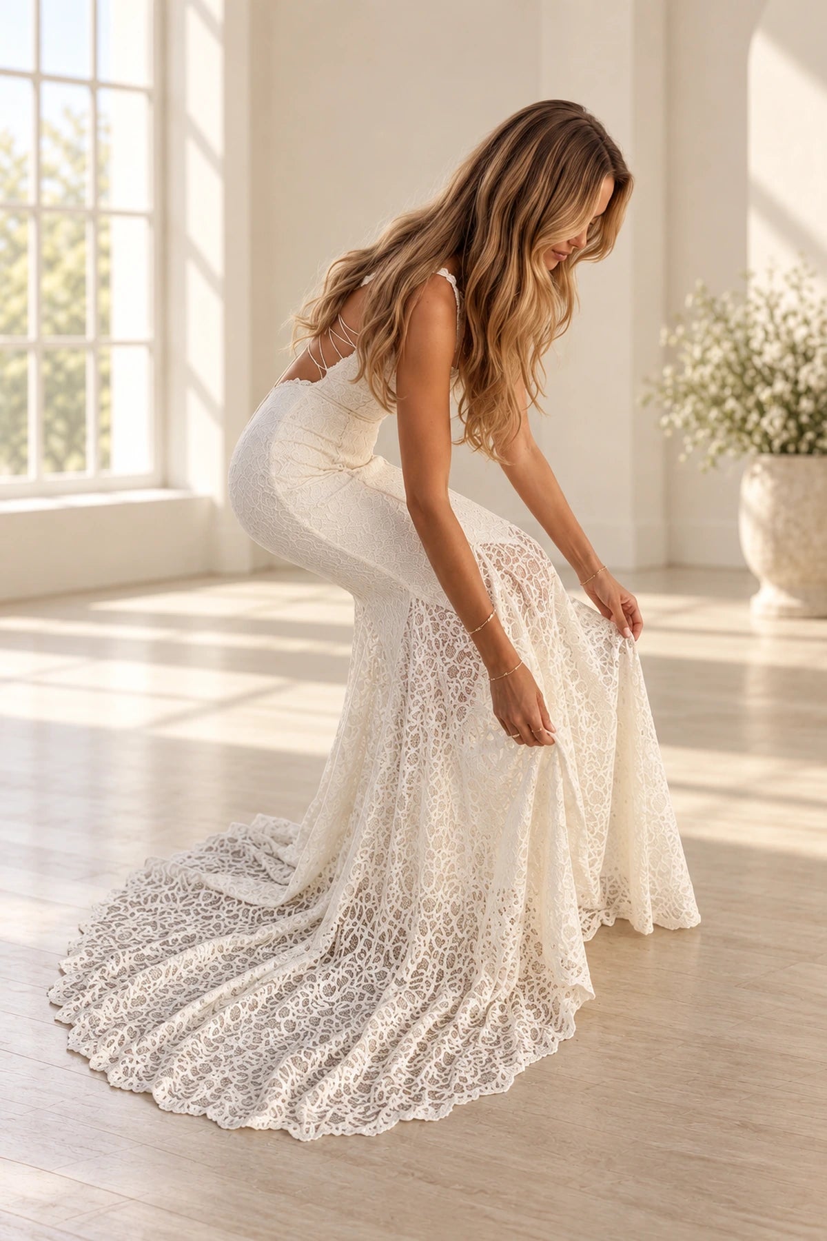 Romantic Lace Mermaid Sweetheart Sleeveless Lace-Up Floor-Length Wedding Dress