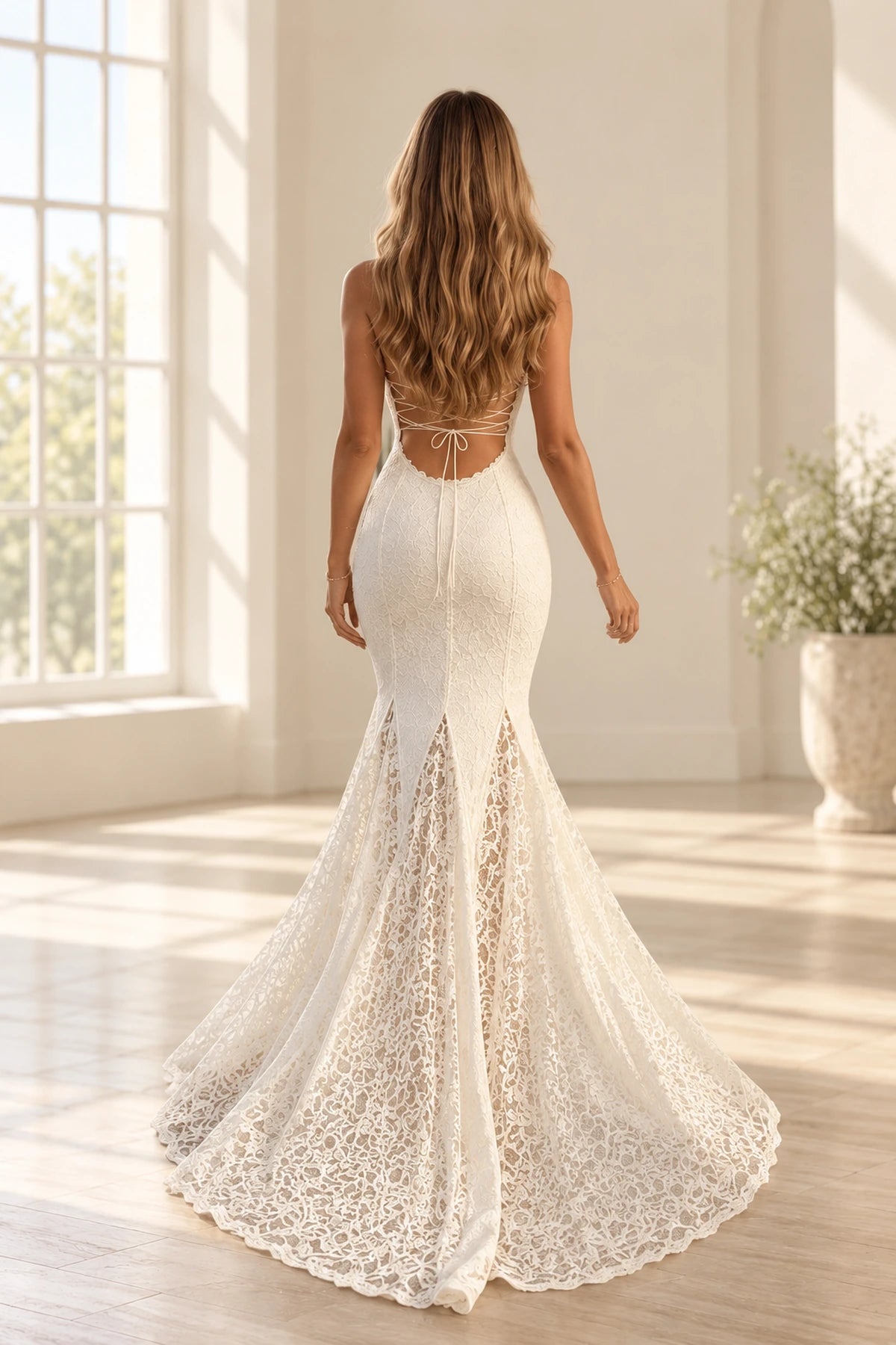 Romantic Lace Mermaid Sweetheart Sleeveless Lace-Up Floor-Length Wedding Dress