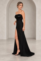 Glamorous Sequin Chiffon Mermaid Straight Neck Strapless Low Back Floor Length Prom Dress