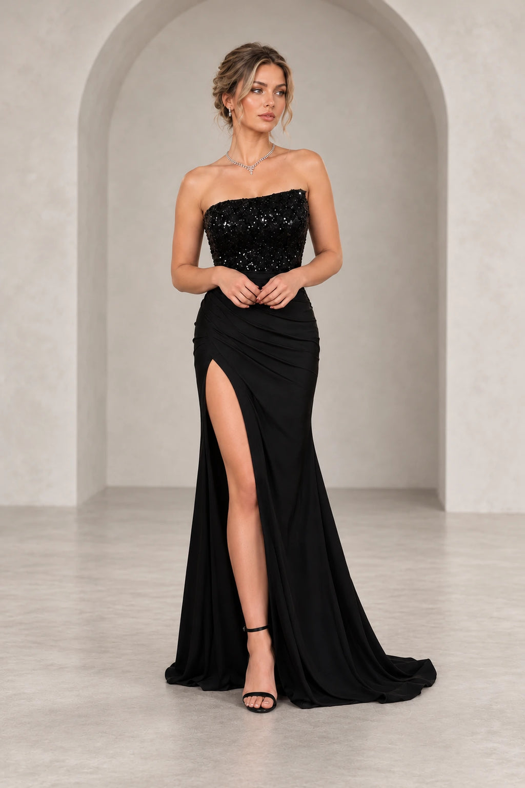 Glamorous Sequin Chiffon Mermaid Straight Neck Strapless Low Back Floor Length Prom Dress