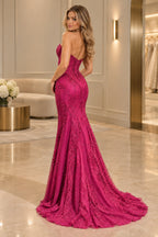 Rear view of Graceprom fuchsia sequin evening dress featuring a low strapless back, center zipper and fitted mermaid skirt with a train.