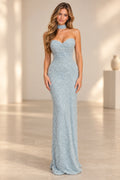 Graceprom light blue sequin evening dress with a strapless sweetheart neckline, scrolling embellishments and a fitted floor length sheath silhouette.