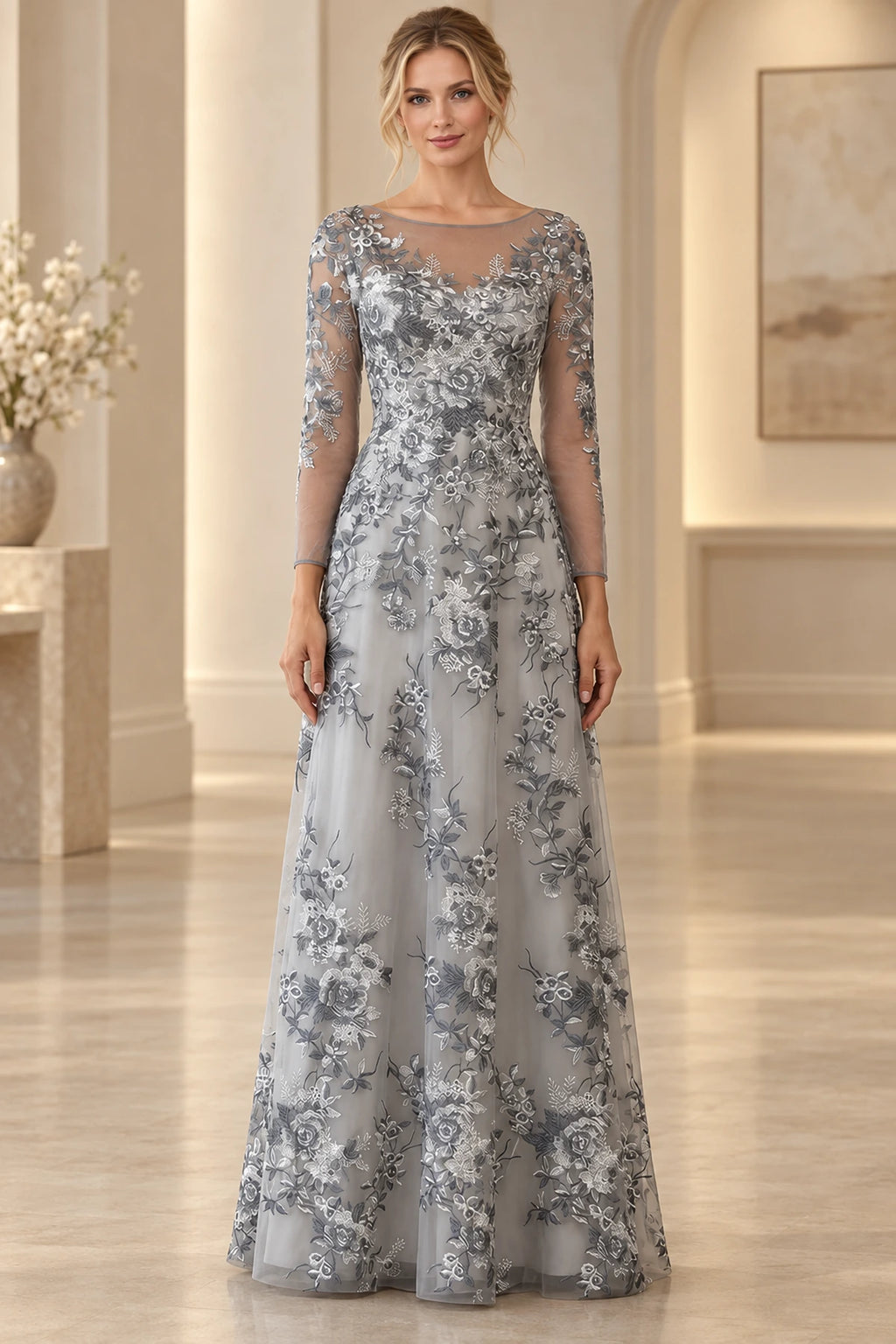 Silver gray mother of the bride dress with boat neckline long lace sleeves and floral embroidery